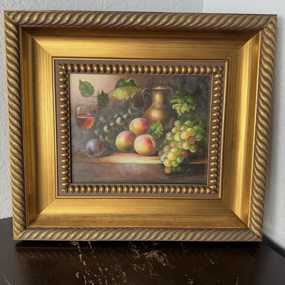Vintage Signed Still Life Oil Painting Grapes Peaches Fruit 16x14 Ornate Frame